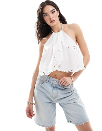 broderie wrap detail halterneck top in white