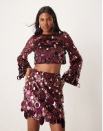 embellished sequin long sve crop top and mini skirt co-ord in burgundy