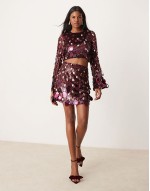 embellished sequin long sve crop top and mini skirt co-ord in burgundy