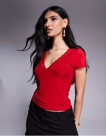 slinky double layered plunge t-shirt with lace trim in red