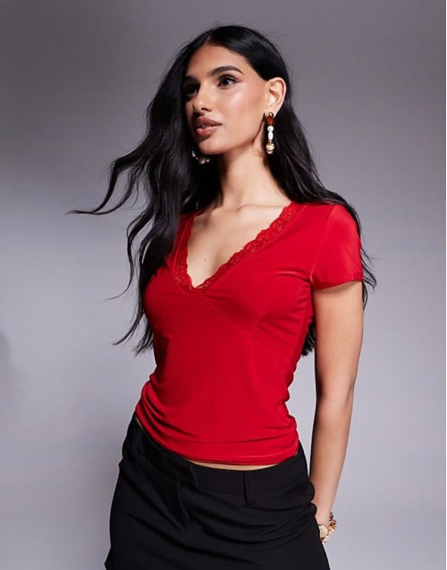 slinky double layered plunge t-shirt with lace trim in red