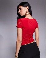 slinky double layered plunge t-shirt with lace trim in red