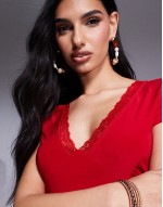slinky double layered plunge t-shirt with lace trim in red