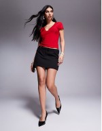 slinky double layered plunge t-shirt with lace trim in red