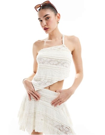 asyymetric hem strappy crop top in coconut texture co-ord