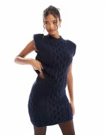 knitted shoulder pad tank top & knitted cable mini skirt co-ord in navy