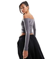 tie detail off shoulder crop top in grey