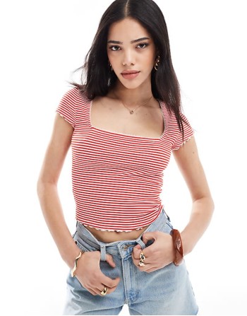 stripe lace trim rib short sve top