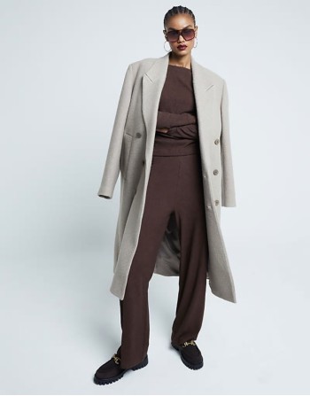 textured wide leg trouser co-ord in dark brown