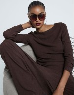 textured wide leg trouser co-ord in dark brown