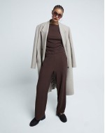 textured wide leg trouser co-ord in dark brown