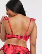plunge frill bikini top in red floral