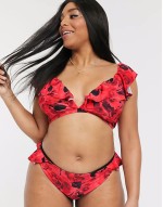 plunge frill bikini top in red floral