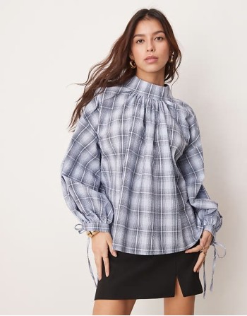 oversized check top in blue