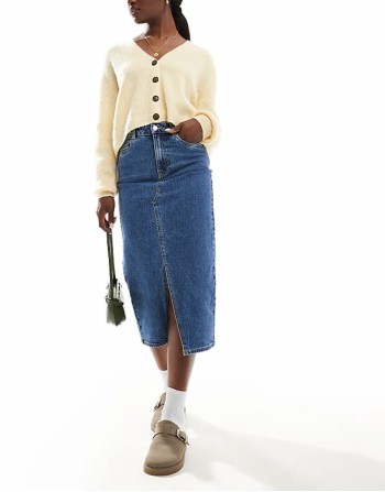 denim midaxi skirt with front split in medium blue denim
