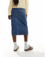 denim midaxi skirt with front split in medium blue denim