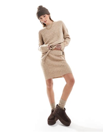 cable knit mini skirt co-ord in camel