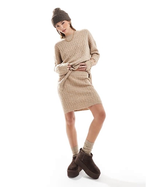 cable knit mini skirt co-ord in camel