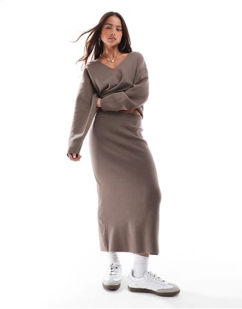 structured v neck jumper and midi skirt set in taupe