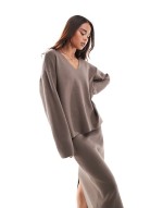 structured v neck jumper and midi skirt set in taupe