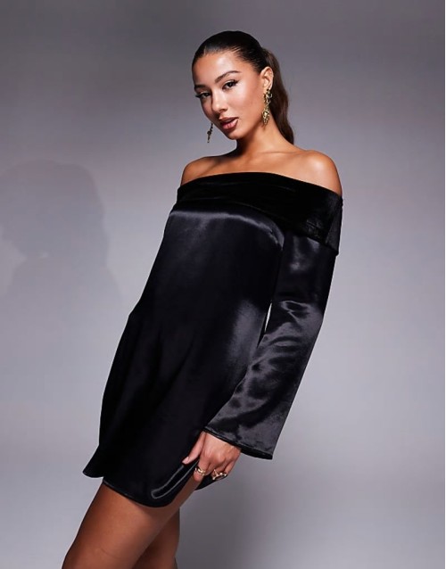velvet fold over mini dress with angel sve in black
