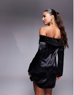 velvet fold over mini dress with angel sve in black