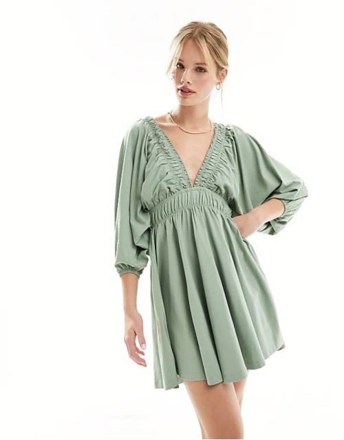 plunge elastic tea mini dress with ruched waist in light green