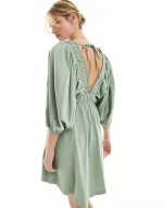 plunge elastic tea mini dress with ruched waist in light green