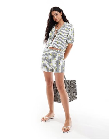 tie front frill blouse and boxer short co-ord in lemon and stripe print - MULTI