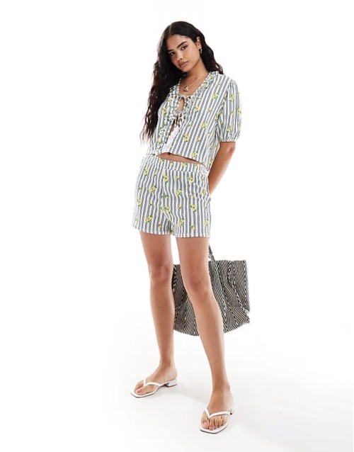 tie front frill blouse and boxer short co-ord in lemon and stripe print - MULTI
