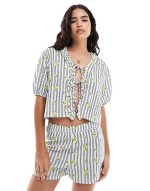 tie front frill blouse and boxer short co-ord in lemon and stripe print - MULTI
