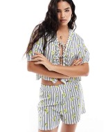 tie front frill blouse and boxer short co-ord in lemon and stripe print - MULTI