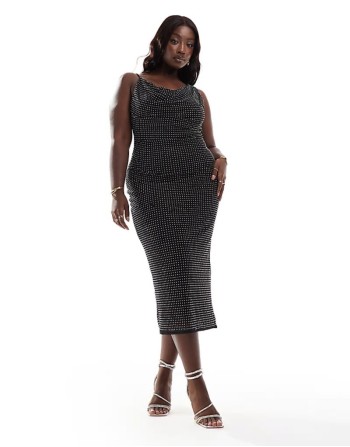 Curve hotfix cowl neck pencil midi dress in black