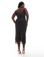 Curve hotfix cowl neck pencil midi dress in black