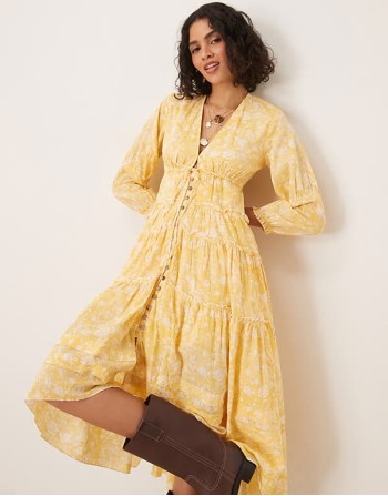 pappiet chintzy floral button midi dress in sunshine yellow