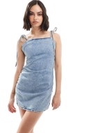 strappy denim mini dress in medium blue