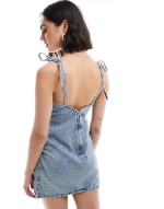 strappy denim mini dress in medium blue