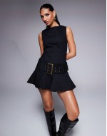 structured sveless lace up back belted flippy hem mini dress in black