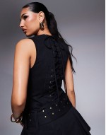 structured sveless lace up back belted flippy hem mini dress in black