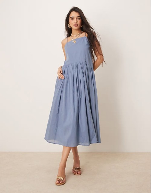 dropped waist midi dress in boyfriend blue