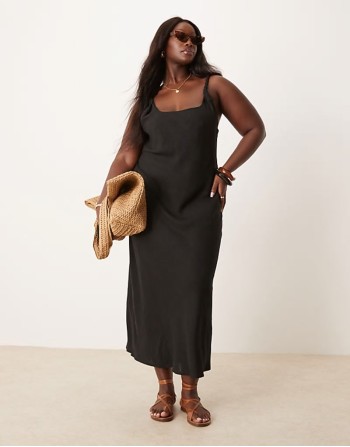 Curve linen look twist strap bias maxi dress in black