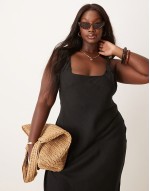 Curve linen look twist strap bias maxi dress in black