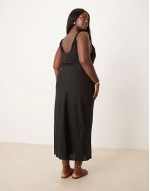 Curve linen look twist strap bias maxi dress in black