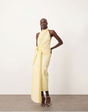 structured halter maxi dress with drape detail in lemon