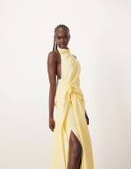 structured halter maxi dress with drape detail in lemon