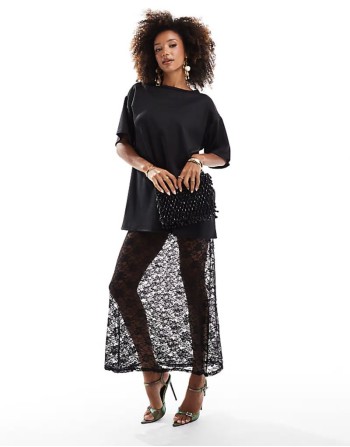 2 in 1 ponte t-shirt  with cami midi lace slip dress in black