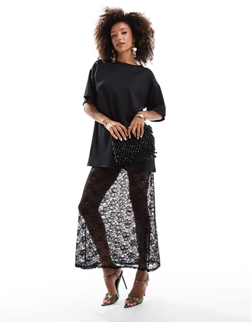 2 in 1 ponte t-shirt  with cami midi lace slip dress in black