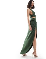 textured plunge front asymmetric hem maxi dress in khaki