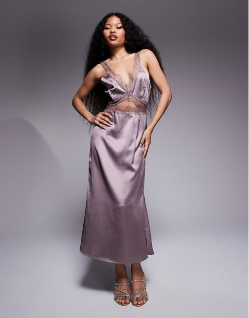 Petite lace cut-out slip maxi dress in Mink