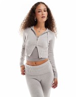 knit zip through hoodie and flared trousers co-ord in light grey